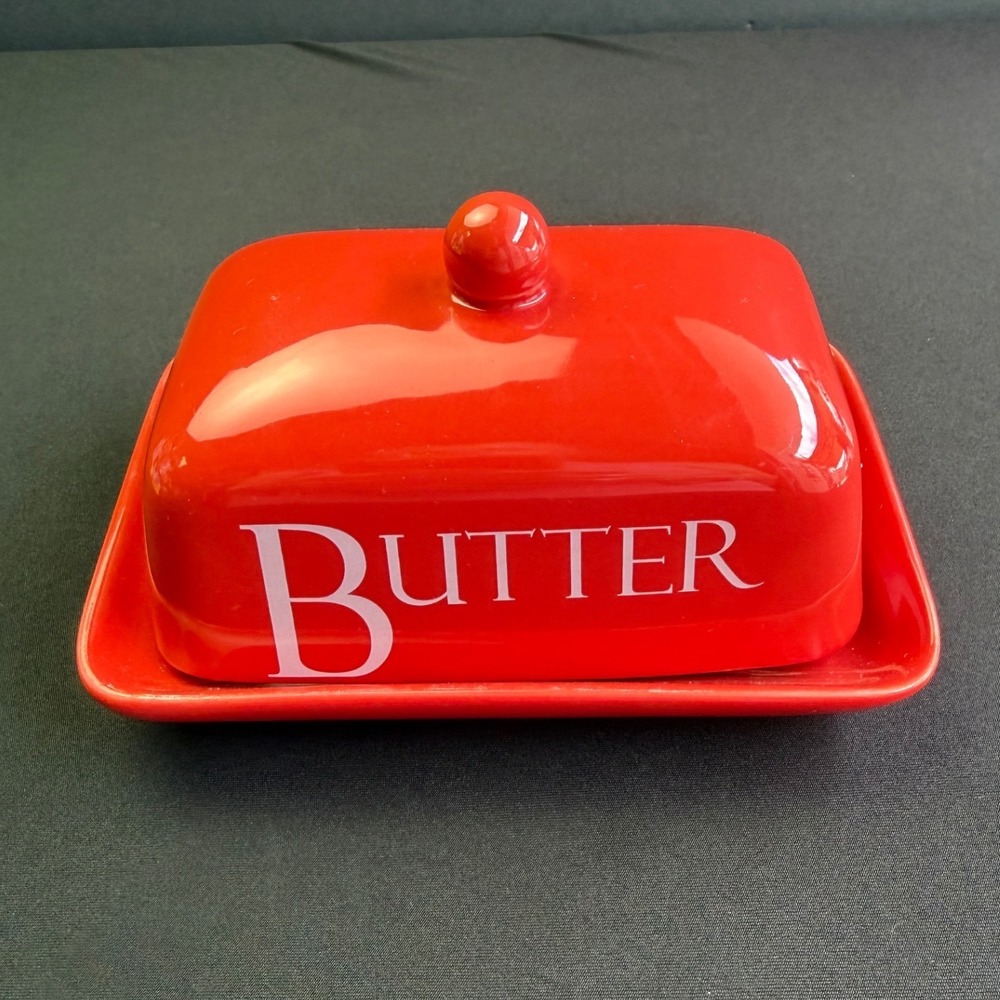 Just Mugs Red Ceramic Butter Dish Lid Set England Retro Kitchen Farmhouse Decor‎